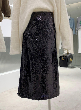 清仓捡漏不TUI不换！感黑色开叉亮片半身裙中长款直筒裙Q261