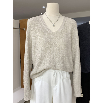 极简气质V领肌理感长袖针织衫女