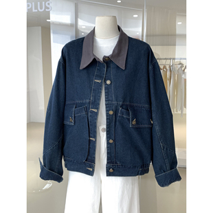 层次感撞色翻领洋气显白深蓝色牛仔外套2026早春口袋设计开衫上衣