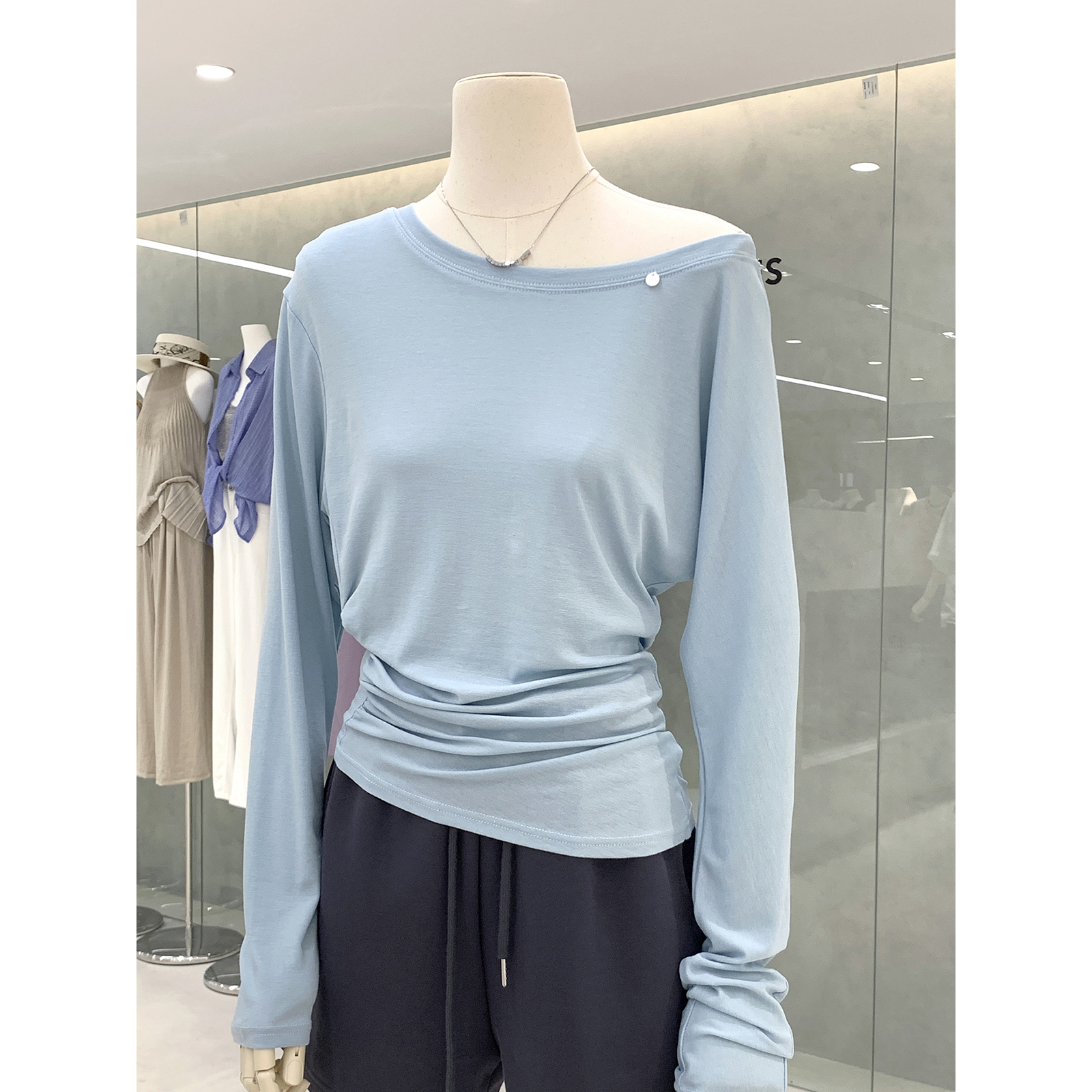 凉感天丝褶皱收腰薄款长袖防晒T