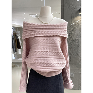 温柔纯欲风一字肩绞花毛衣针织衫女2026春款清纯甜美巨好看的上衣