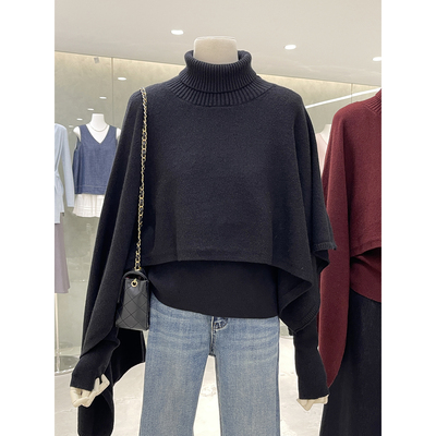 半高领打底衫+高领斗篷披肩毛衣