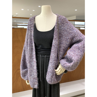 韩里韩气宽松慵懒风落肩版型毛衣开衫2026早春新日常温柔针织外套