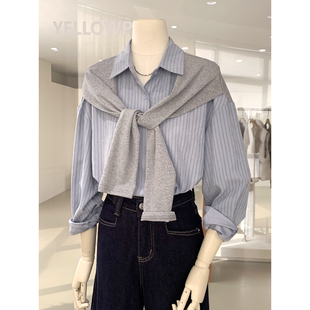 韩系博主感假两件披肩条纹衬衫2026早春新款百搭时髦超好看的上衣