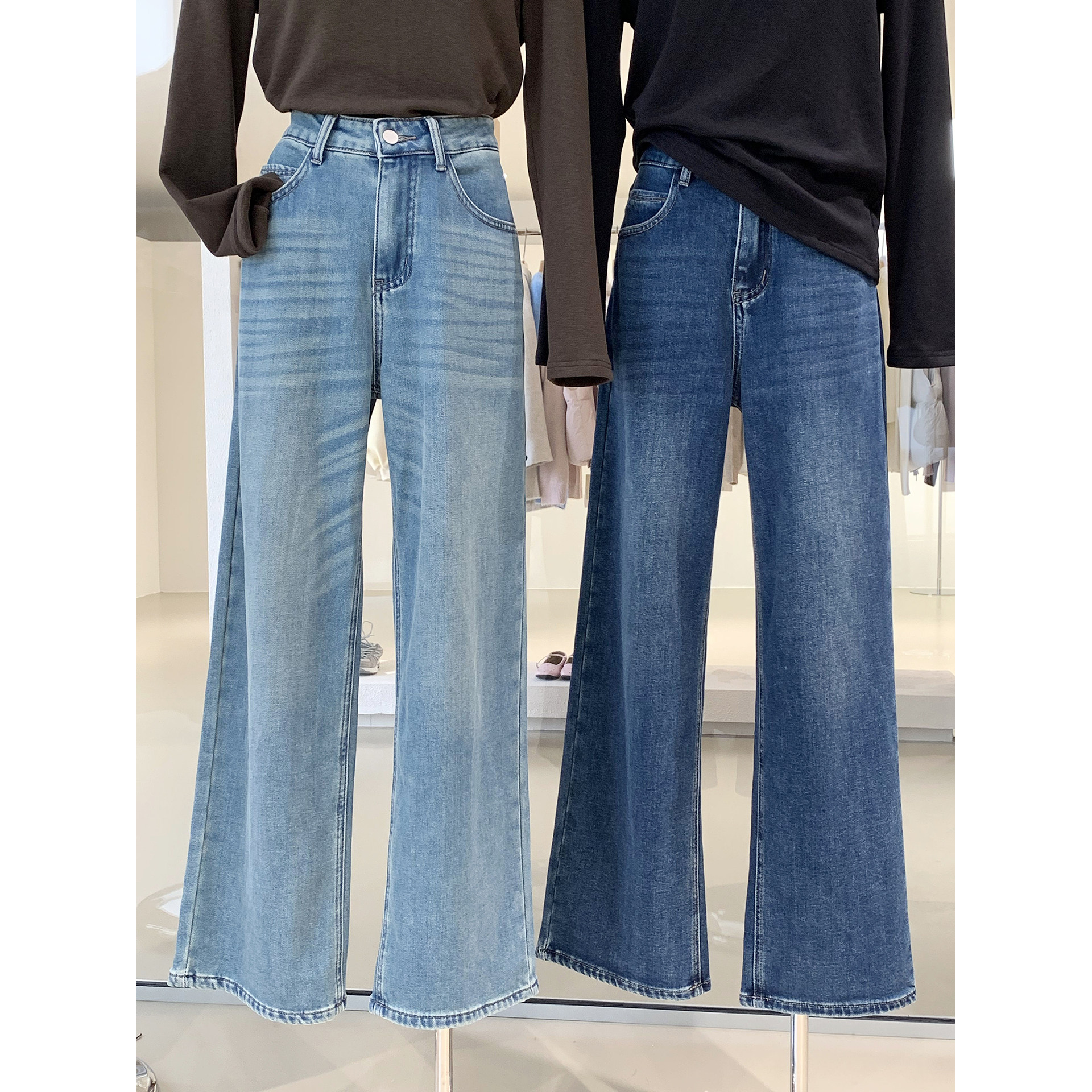 超爱的经典百搭款植绒直筒牛仔裤