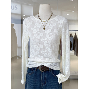 温柔纯欲感大U领精致蕾丝提花小衫小众洋气漂亮女人衫氛围感上衣
