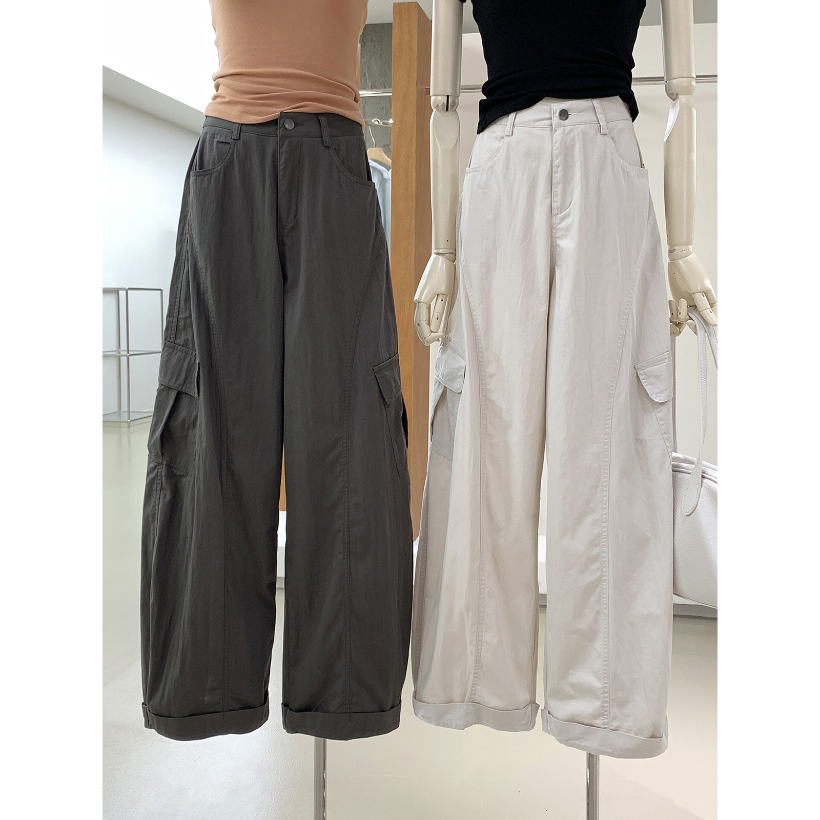 酷帅有型高腰工装休闲裤弯刀裤2026新款轻薄透气巨百搭卷边阔腿裤