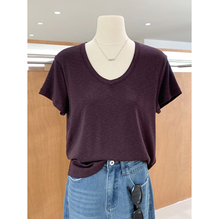 雪花细平纹棉宽松桃心领纯色基础款 T恤2026春夏日常百搭上衣 短袖