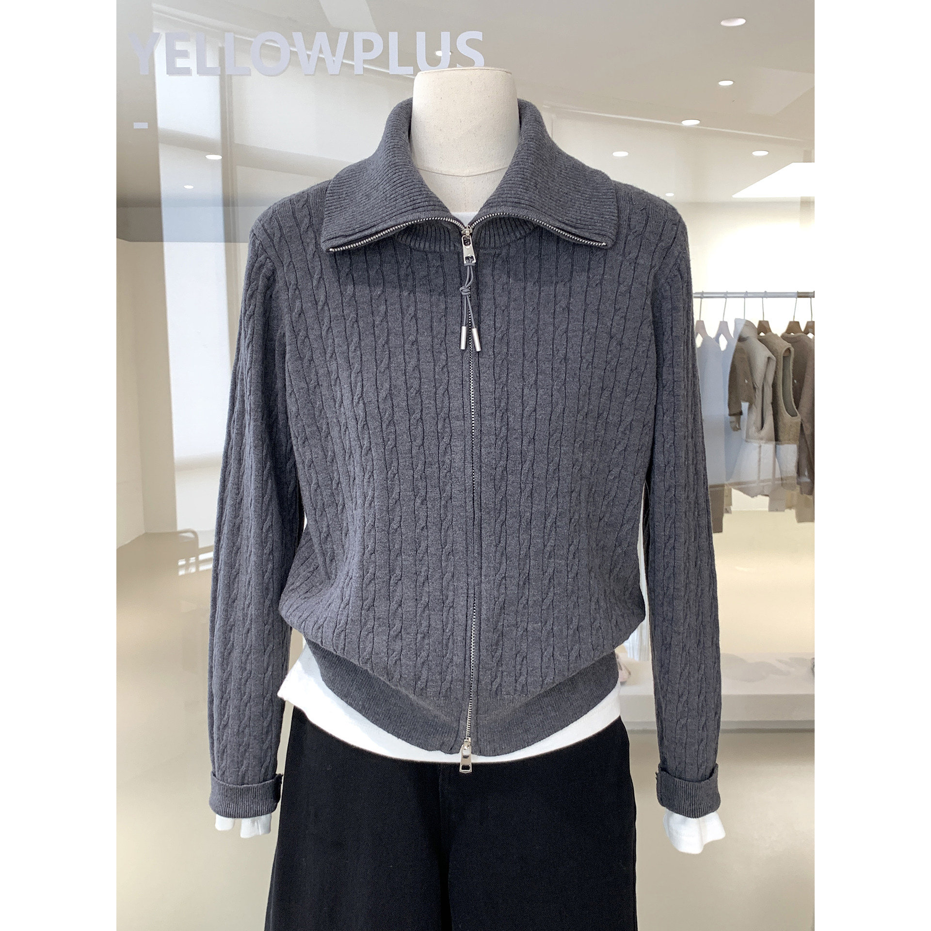 经典常青款！麻花双拉链翻领针织开衫秋冬新款韩版休闲毛衣外套女