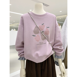 入秋换季衣橱BI备落肩长袖圆领卫衣2025新款可爱减龄拼接设计上衣