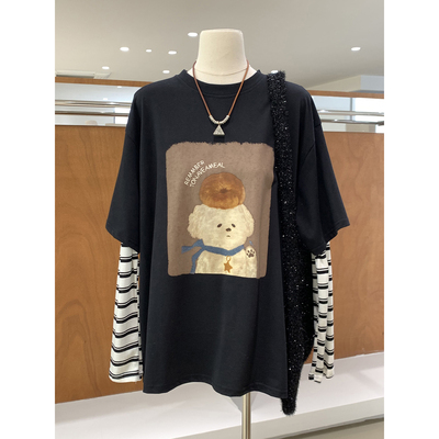 可爱卡通小狗印花拼接假两件T恤