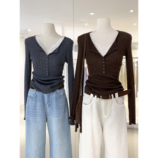 轻熟风蕾丝拼接半扣圆领坑条长袖 纯欲性感显瘦氛围感上衣女 针织衫