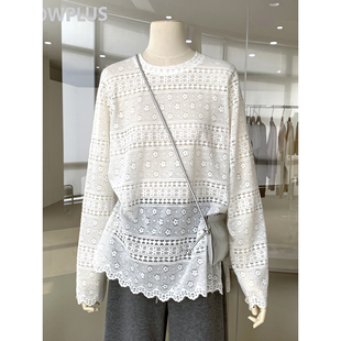 甜美轻复古蕾丝钩花镂空绒感圆领衬衣2026早春上新宽松漂亮女人衫