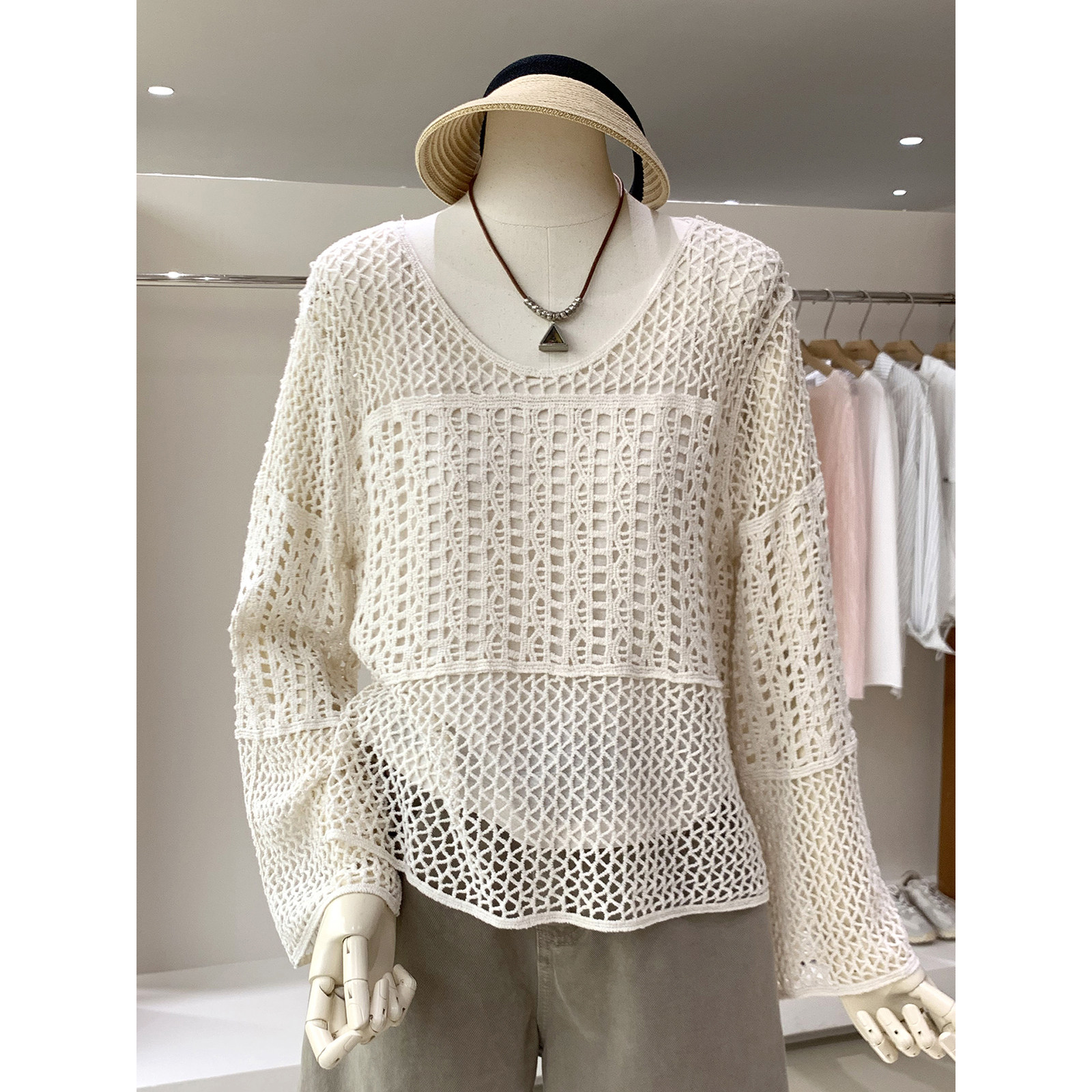 小众氛围感波西米亚镂空编织针织罩衫+吊带内搭两件套上衣配腰带