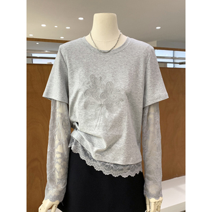 甜酷层次感蕾丝拼接长袖假两件T恤2026早春上新独特洋气圆领上衣