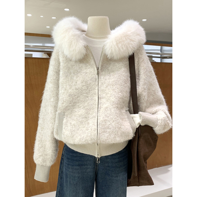 超火韩版毛毛边连帽拉链毛衣开衫