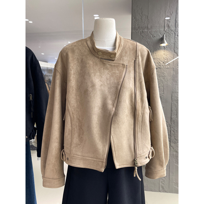 酷飒感复古麂皮绒斜拉链立领外套
