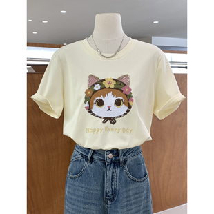 可爱暴击 T恤2026春夏新纯棉上衣 重工艺小猫刺绣减龄百搭圆领短袖