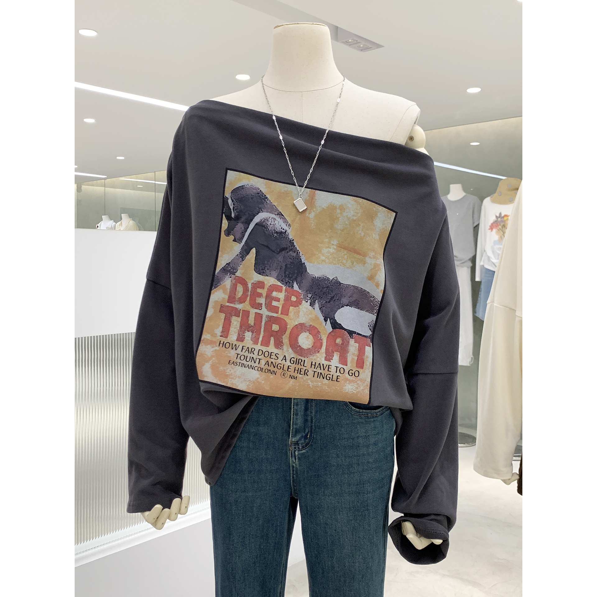 美式甜辣风一字肩斜肩长袖衫上衣