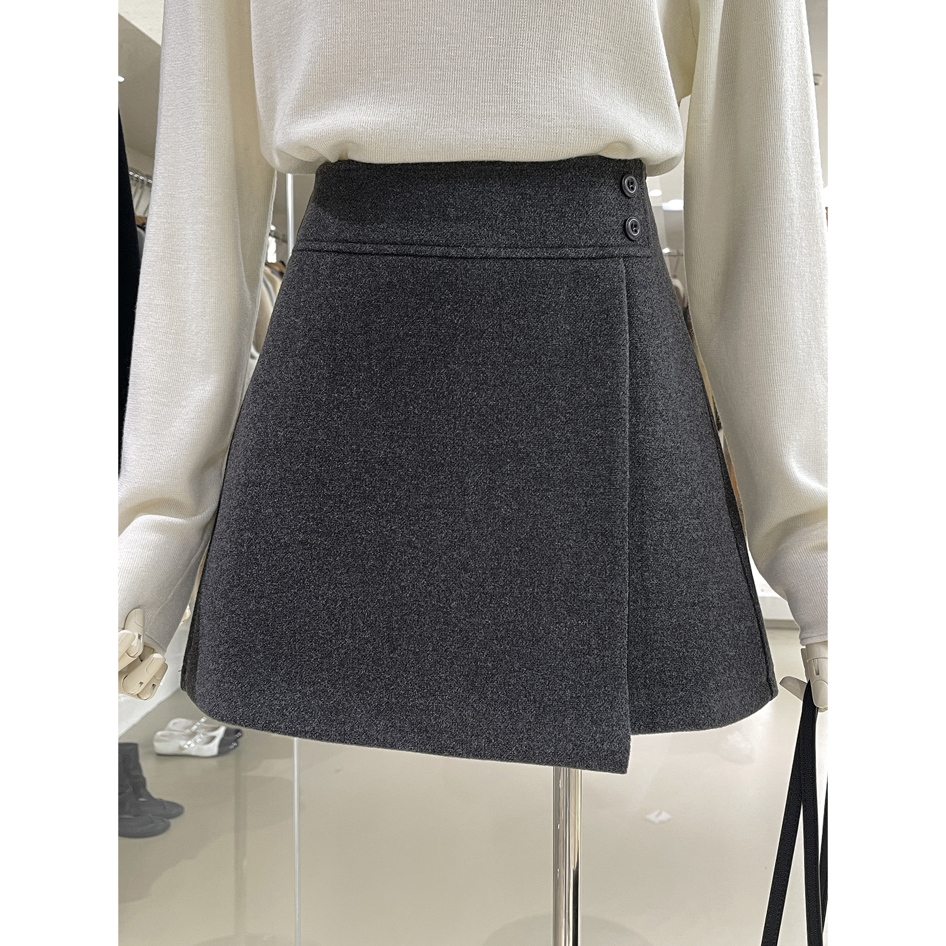 秋冬款通勤风毛呢高腰A字半身裙