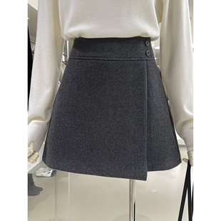 秋冬款通勤OL风毛呢高腰A字半身裙活页设计遮胯藏肉裙子