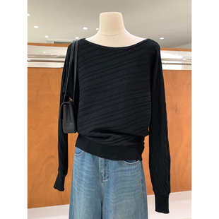 韩版漂亮chic坑条纹理气质船领针织衫2026早春新可斜肩精致女人衫