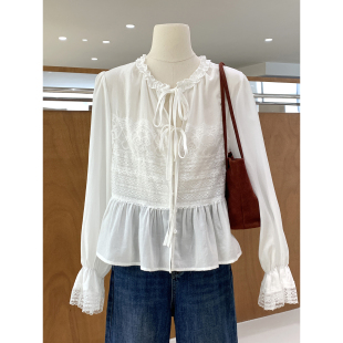 早春精致温柔蕾丝花纹天丝亚麻长袖衬衫2026年新款轻盈透气女人衫