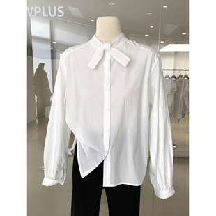 知性漂亮气质领结白色长袖衬衫2026早春新款透气防晒棉质开衫上衣