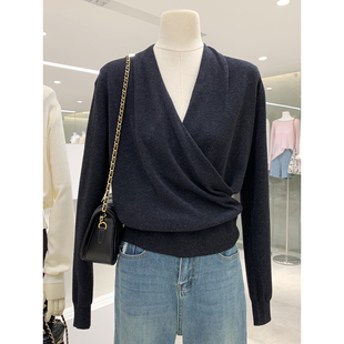 轻熟知性风交叉V领长袖羊毛针织衫早秋优雅高级感气质漂亮上衣女