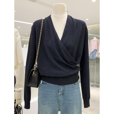 轻熟知性风交叉V领长袖针织衫女