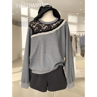 轻熟小性感蕾丝拼接圆领长袖T恤2026新款朦胧微透精致漂亮女人衫