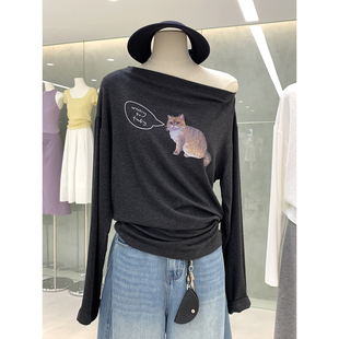 小性感又简约韩系一字肩长袖上衣早秋新款雪花弹力棉超好看女人衫