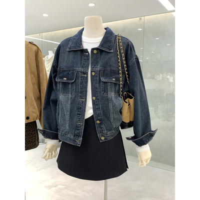 甜酷经典水洗色翻领牛仔外套女