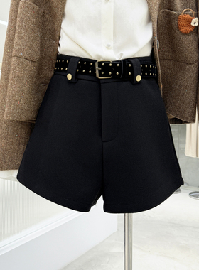 清仓捡漏不TUI不换！高腰A字毛呢超短裤遮胯显瘦靴裤配腰带Q261