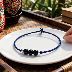 8mm黑曜石转运珠银红绳手链脚链本命年男女黑绳藏蓝红手绳脚绳3mm