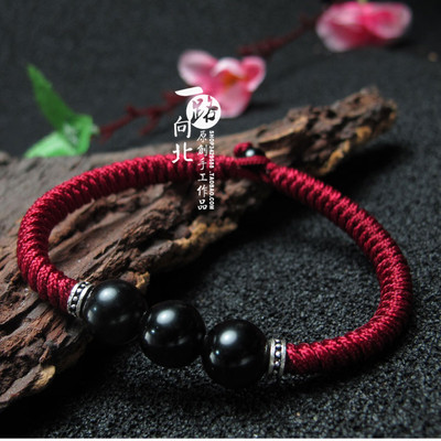 天然黑曜石925银红绳手链定制