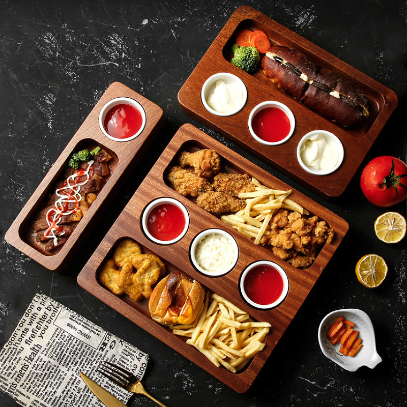 长方形木质点心零食面包木质托盘茶盘餐厅汉堡薯条炸鸡商用木托盘
