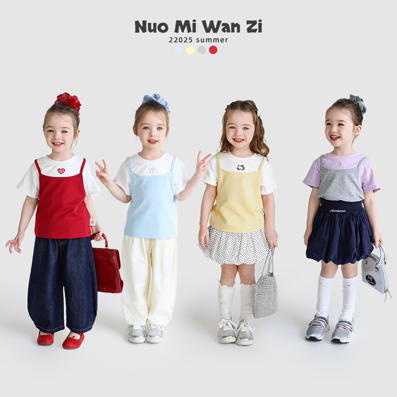糯米丸子兒童假兩件短袖2025年夏款韓版百搭休閑時尚洋氣上衣現(xiàn)貨