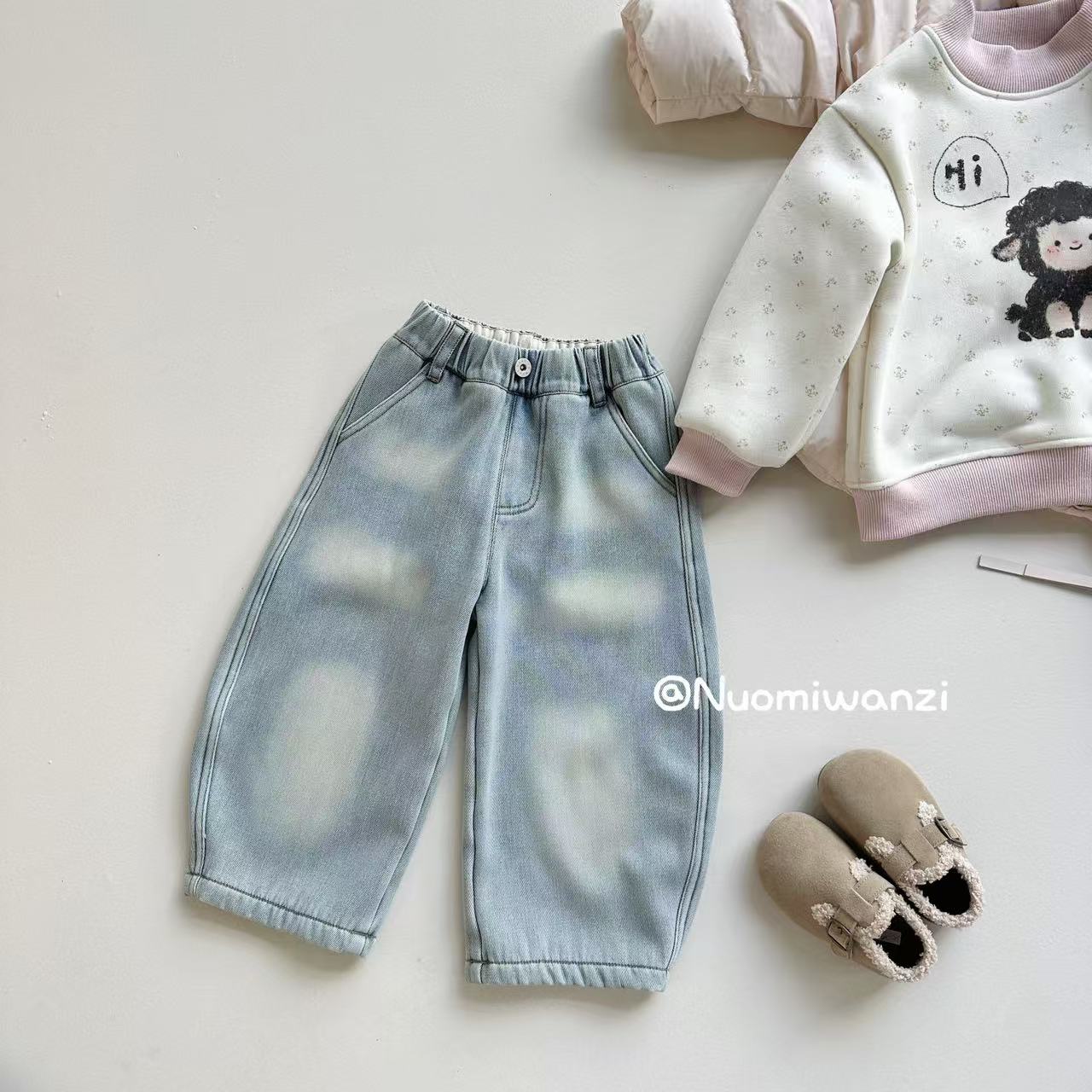 糯米丸子儿童牛仔裤2025年冬款韩系百搭复古重工艺弯刀牛仔裤