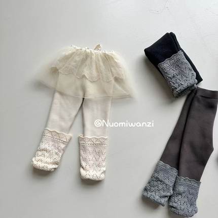 糯米丸子儿童打底裤2025年冬款韩系百搭裤腿蕾丝打底裤厚款