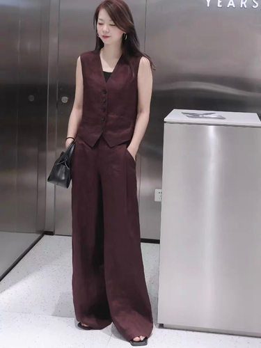 tinikeng时尚套装大方得体超火亚麻两件套2025夏新款上衣阔腿裤