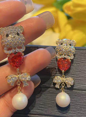 S925银针蓝色可爱小熊爱心珍珠蝴蝶结耳环女个性韩国金色动物耳饰