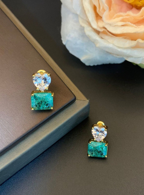 蓝色冰裂暖冬新款天然石爆花耳钉方形锆石简约通勤清新爱心形耳环