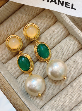法式巴洛克独特复古金色国风珍珠绿色天然石女仙气耳环通勤百搭款