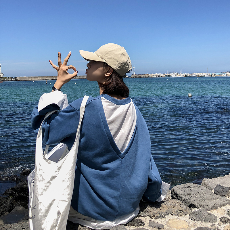 EKOOL慵懒风假两件套头卫衣女秋季2019新款韩版宽松圆领长袖上衣(非品牌)