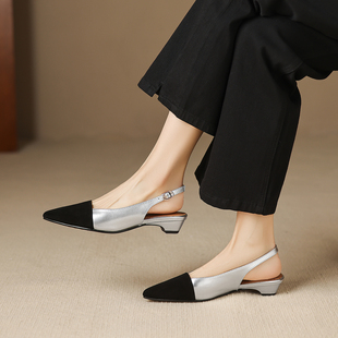 凉鞋 羊皮2cm低跟 后空时装 女粗跟尖头猫跟鞋 简约风拼色包头凉鞋