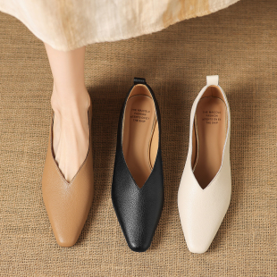 女浅口真皮一脚蹬轻便软底女鞋 复古尖头粗跟单鞋 法式 牛皮2cm低跟
