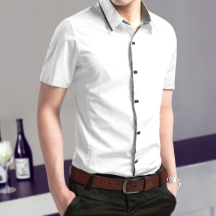 寸衫 衣服潮 纯棉衬衫 男装 衬衣韩版 休闲半袖 男士 修身 男薄款 短袖 夏季