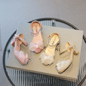 女童半凉鞋 小高跟中大童演出鞋 防滑皮鞋 2025春夏新款 蝴蝶结公主鞋