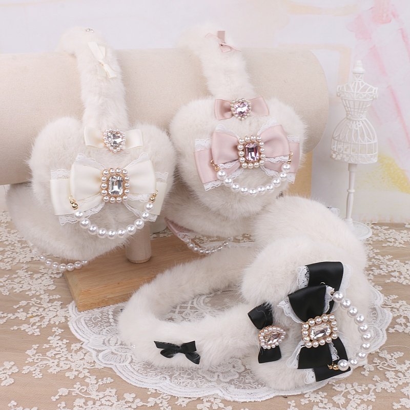 BEADS HANDMADE JAPANESE SWEET MINE HAIRY BIG LOVE BOW WARM EAR PROTECTOR EARMUFFS EAR COVER EARMUFFS